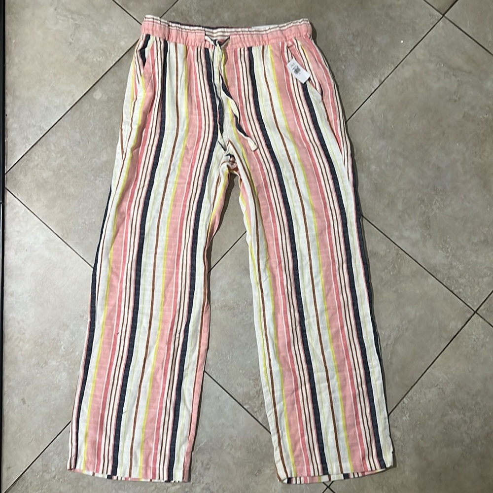 New Size Medium Old Navy Pink, White & Yellow Striped Linen-Blend Pants